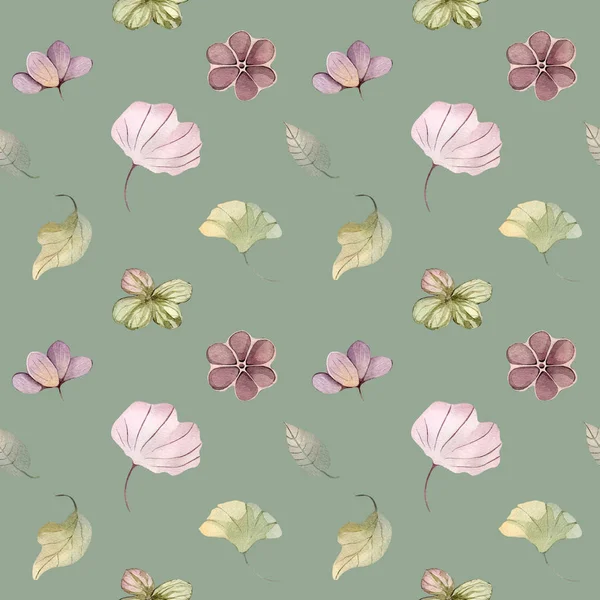 Nahtlose Muster Aquarell Illustration Hand Malerei Wald Blätter Blumen Samen — Stockfoto