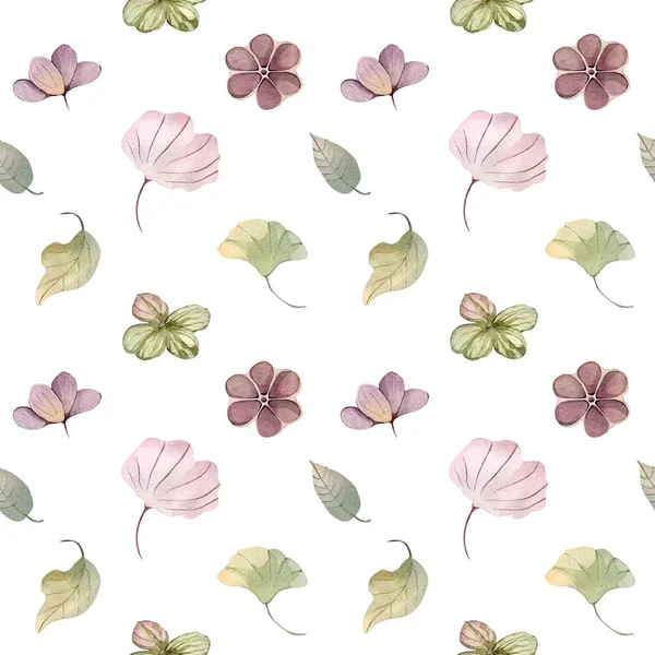 Seamless Pattern Watercolor Illustration Hand Painting Forest Leaves Flowers Seeds — Stock Photo, Image