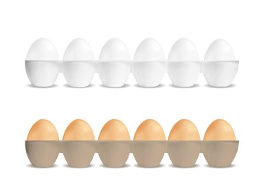 Beyaz ve kahverengi, altı yumurtalı plastik kap.