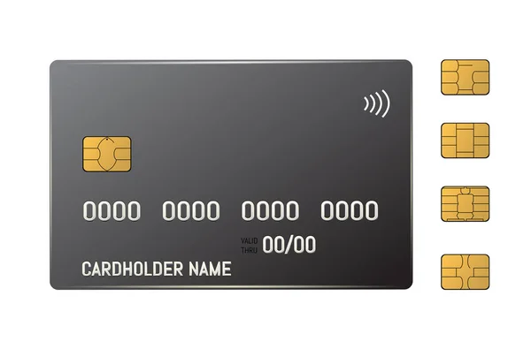 Schwarze Kreditkarte mit emv-Chip. Kontaktloses Bezahlen — Stockvektor