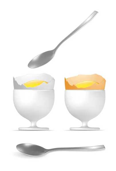 Huevos cocidos amarillos y blancos con cuchara y tazas de huevo — Vector de stock