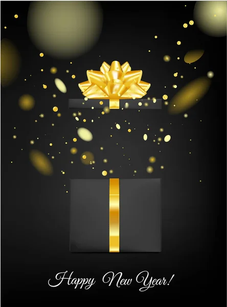 Open black gift box with bow and round confetti — Stock Vector