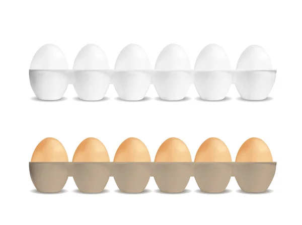 Recipiente plástico aberto branco e castanho com seis ovos — Vetor de Stock