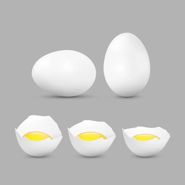 Realistyczne wektor białe jaja i rozbite jajko z żółtkiem na ciemnym bac — Wektor stockowy