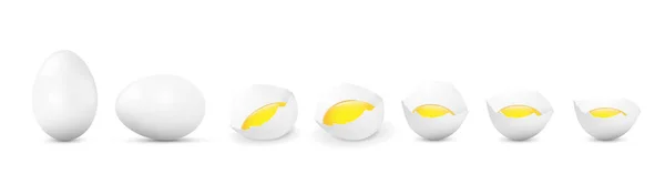 Uova bianche vettoriali realistiche e uova rotte con tuorlo su b bianco — Vettoriale Stock