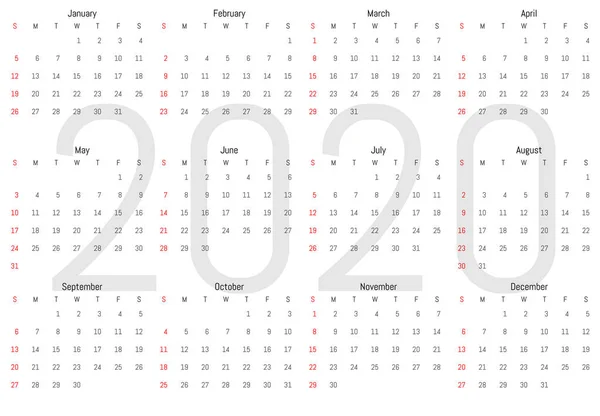 Calendario de pared 2020. Vector diseño simple — Vector de stock