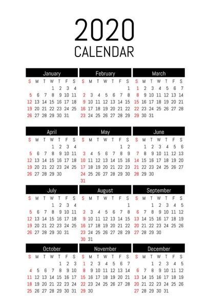 Vector simple design calendar 2020 — Stock Vector