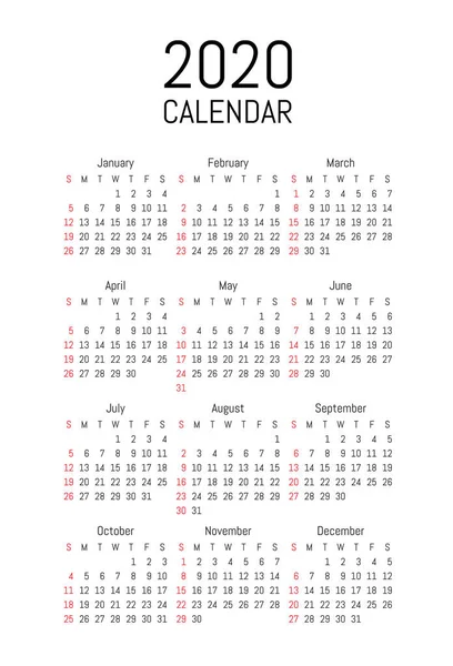 Vektor enkel design kalender 2020 — Stock vektor