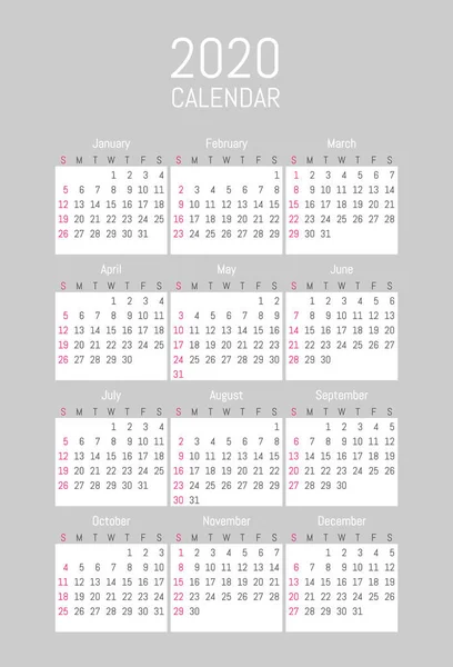 Vector calendario de diseño simple 2020 — Vector de stock