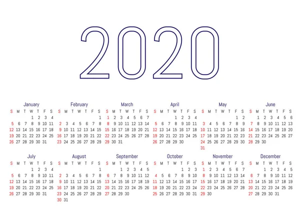 2020 väggkalender. Vektorns utformning — Stock vektor