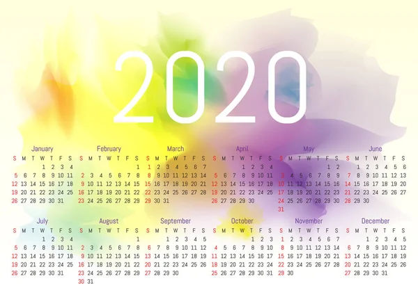 Calendario de pared 2020. Vector diseño de acuarela — Vector de stock
