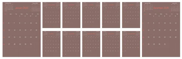 2020 měsíční kalendář stěn. Jednoduchý návrh vektoru — Stockový vektor