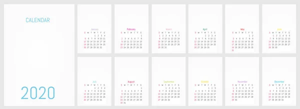 2020 månatlig väggkalender. Vektor enkel design — Stock vektor