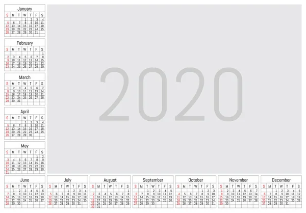 2020 väggkalender. Vektor enkel design — Stock vektor