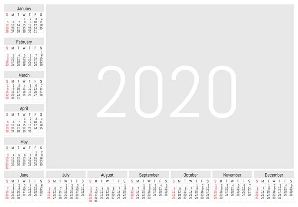 2020 väggkalender. Vektor enkel design — Stock vektor
