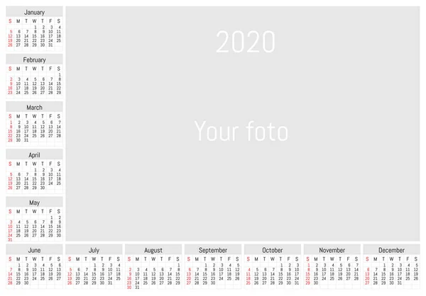 Calendario de pared 2020. Vector diseño simple — Vector de stock