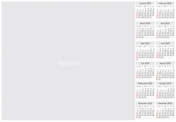 Calendario de pared 2020. Vector diseño simple — Archivo Imágenes Vectoriales