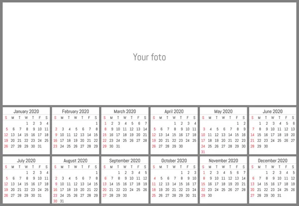 Настенный календарь 2020 года. Векторный простой дизайн — стоковый вектор