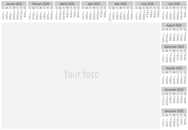 Calendario da parete 2020. Design semplice vettoriale — Vettoriale Stock