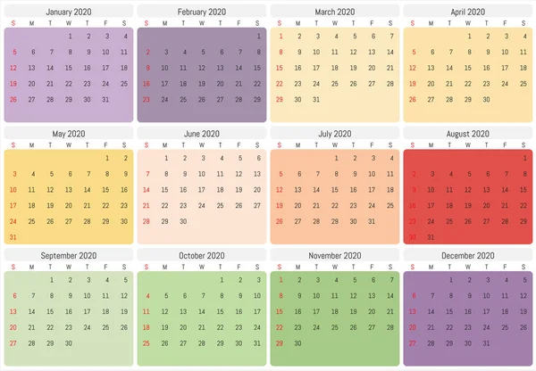 2020 calendário de parede. Design simples vetorial — Vetor de Stock