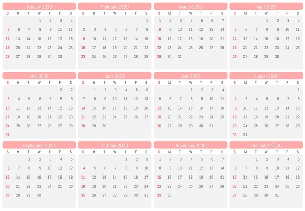 Calendario de pared 2020. Vector diseño simple — Vector de stock