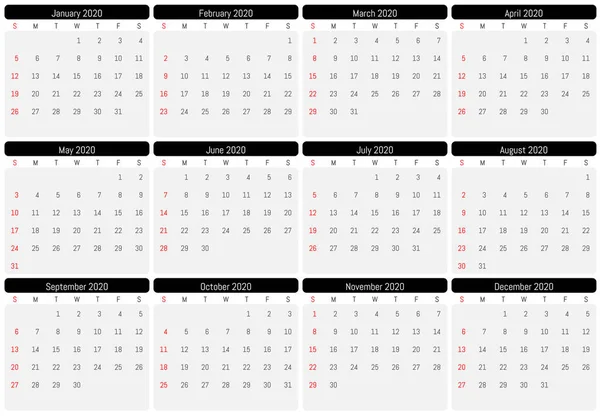 Настенный календарь 2020 года. Векторный простой дизайн — стоковый вектор