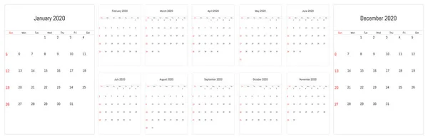 2020 månatlig väggkalender. Vektor enkel design — Stock vektor