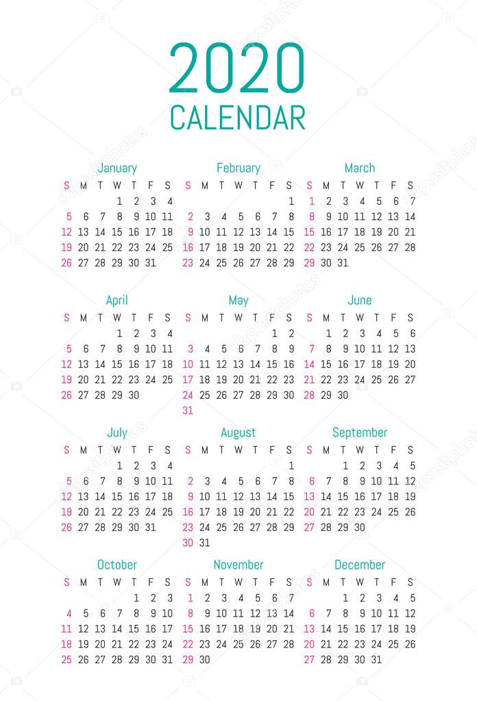 Vector simple design calendar 2020