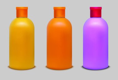 Meyve suyu, şampuan ve su için plastik renk şişesi.