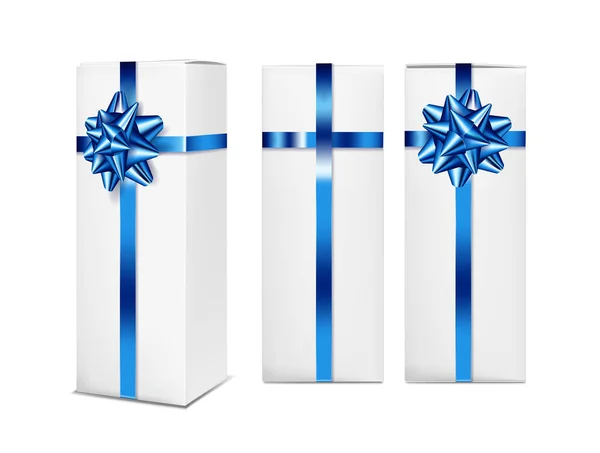 White gift box with blue ribbon and bow — Stock Vector