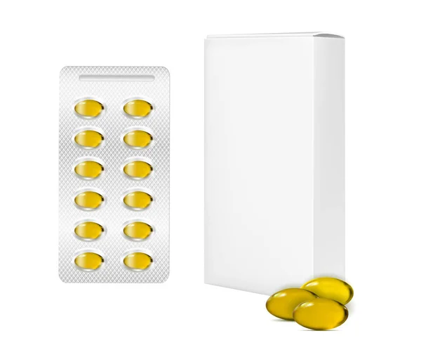 Yellow vector pills and cardboard box — Stock Vector