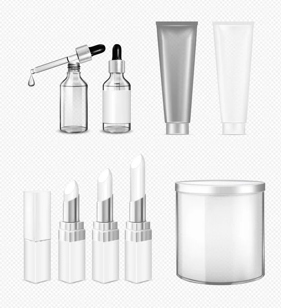 化粧品透明セット。ドロッパー、口紅付きガラスボトル — ストックベクタ