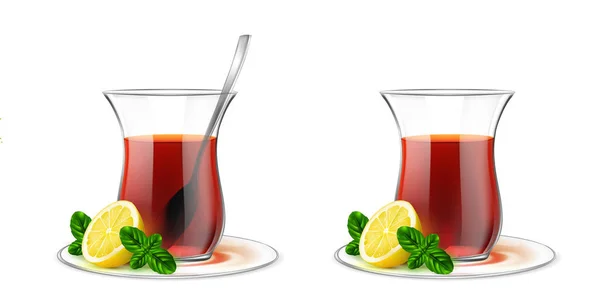 Türkische transparente Teetasse mit schwarzem Tee, Silberlöffel — Stockvektor