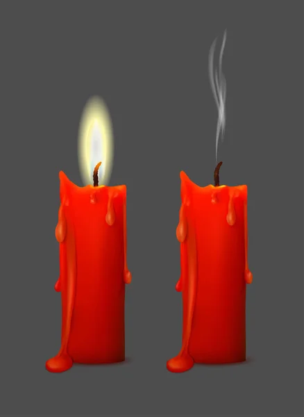 Ρεαλιστική εικόνα ενός αναμμένου κεριού με σταγόνες κεριού — Διανυσματικό Αρχείο