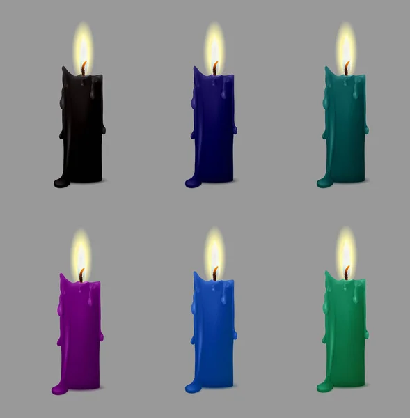 Realistisches Bild einer brennenden Kerze mit Wachstropfen. Farbset — Stockvektor