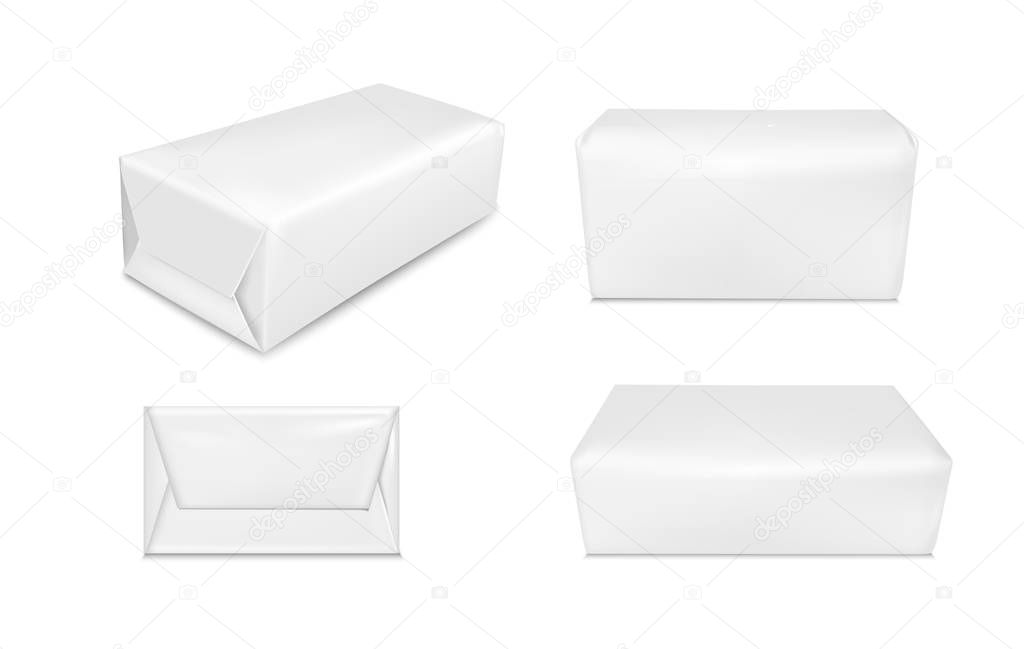 White paper packaging isolated on white background. Sachet for soap, coffee, spices, sweets, cookies and flour