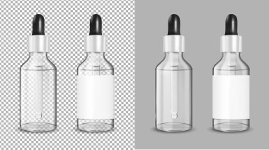 Kozmetik ve ilaç için damlatan şeffaf cam şişe.