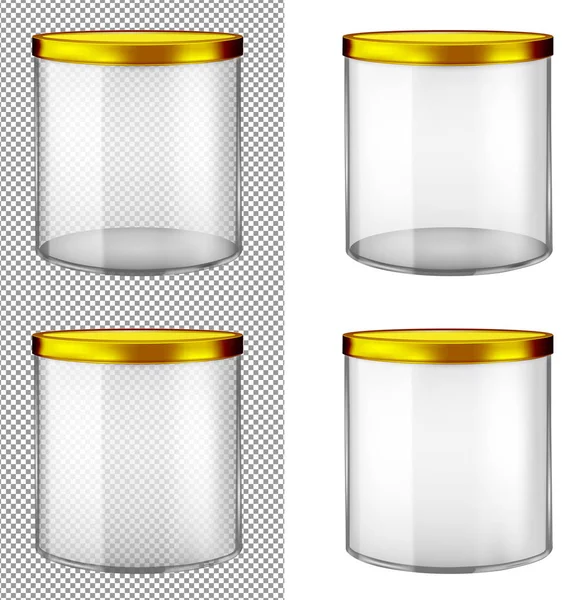 Frasco de vidro transparente com tampa de metal dourado — Vetor de Stock