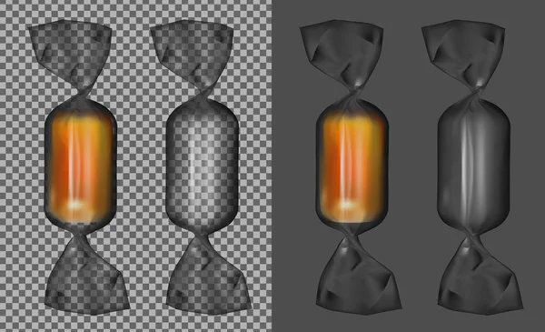 Průhledná Fólie Černé Obaly Bonbónů Karamelem — Stockový vektor