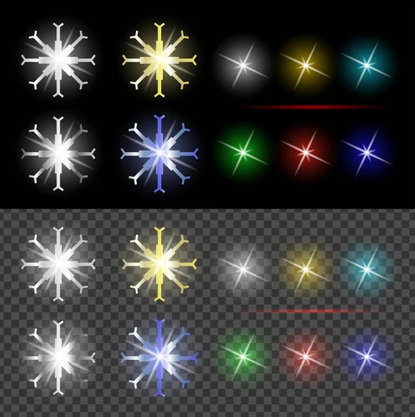 Imagem Realista Vetorial Estrelas Multicoloridas Brilhantes Com Erupções Coloridas Transparentes — Vetor de Stock