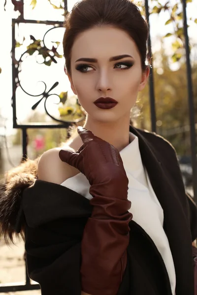 Gorgeous sensual woman with dark hair in elegant luxurious coat — Stock Photo, Image