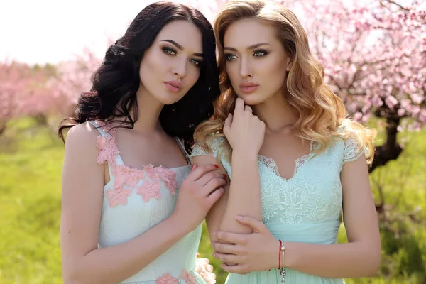 Beautiful women in elegant dresses posing in blossom garden — Stock Photo, Image