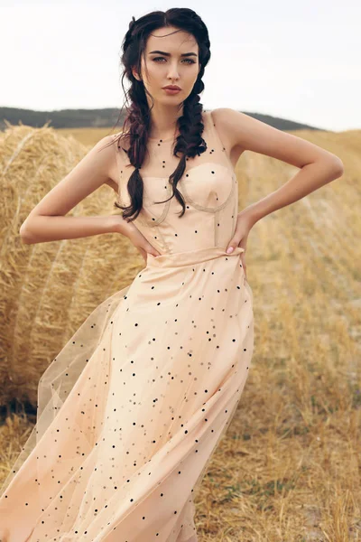 Girl with dark hair in elegant dress posing on the hay — Stock Photo, Image