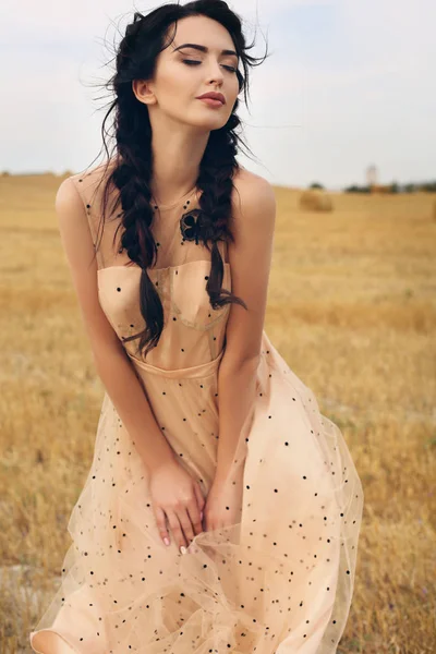 Девушка с темными волосами в элегантном платье позирует на сене — стоковое фото