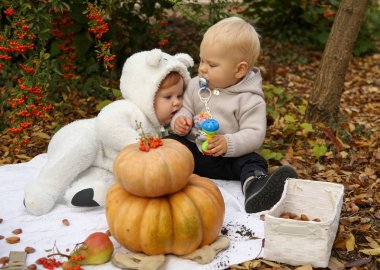 kabak ve ağaçların arasında oyuncaklar ile poz küçük şirin çocuk 