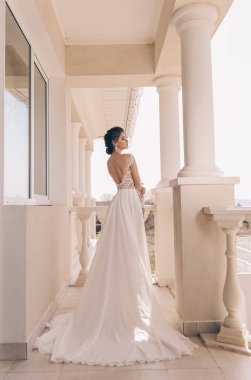 Açık poz lüks gelinlik siyah saçlı güzel kadın moda fotoğrafı