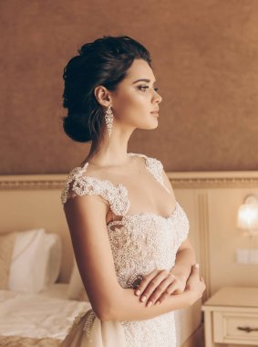 zarif iç poz lüks gelinlik siyah saçlı güzel kadın moda fotoğrafı