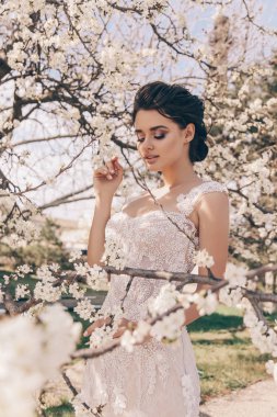 çiçeği bahar bahçe içinde poz lüks gelinlik siyah saçlı güzel kadın moda fotoğrafı