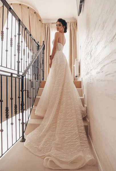 Fashion Photo Beautiful Woman Dark Hair Luxurious Wedding Dress Posing — Stock Photo, Image