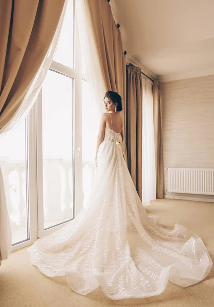 Fashion Photo Beautiful Woman Dark Hair Luxurious Wedding Dress Posing — Stock Photo, Image